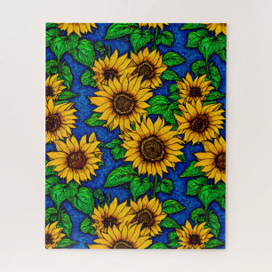 Puzzle Tournesols & Feuilles dorés sur bleu foncé
