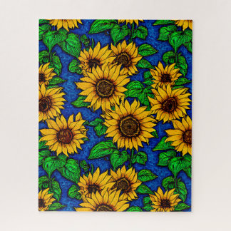 Puzzle Tournesols & Feuilles dorés sur bleu foncé