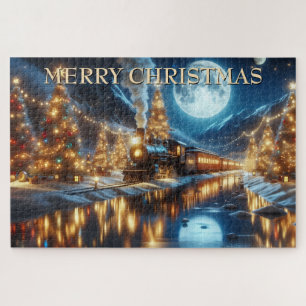 Puzzle Train de Noël reflété dans un village riverain enn