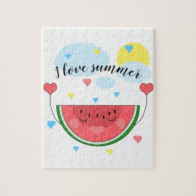 Puzzle Tranche de pastèque, texte, "J'aime l'été" (Vertical)