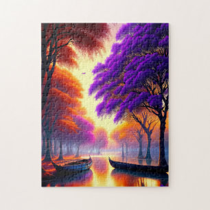 Puzzle "Tranquillité de la dérive : Canoës sous Jacaranda