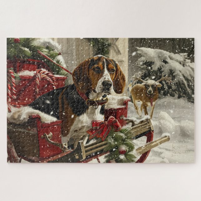 Puzzle Treeing Walker Coonhound Chien Noël Festif (Horizontal)