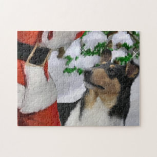 Puzzle Tri Couleur lisse Collie Avec Père Noël Christmas