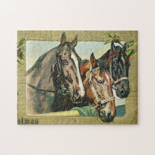 Puzzle Trio de chevaux de Noël vintage avec baies de houx