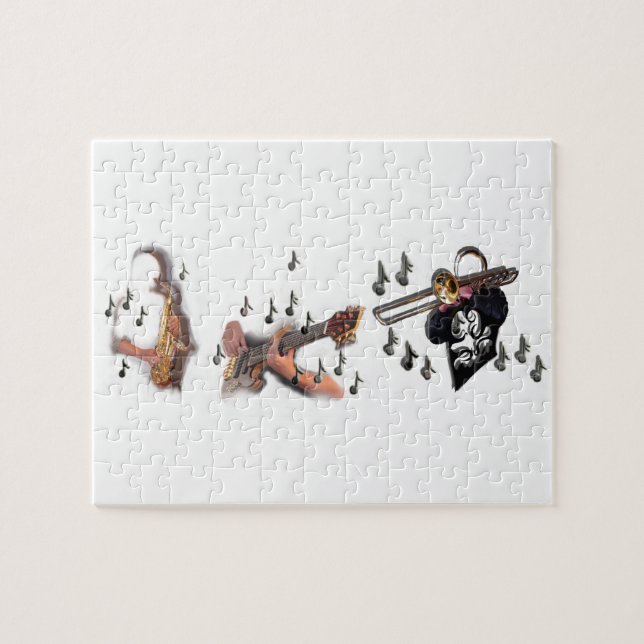 Puzzle Trio, musiciens, guitare abstraite, trombone, sax, (Horizontal)
