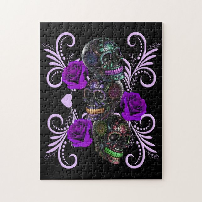 Puzzle Triple Jour Noir Des Crânes Morts Roses Violets (Vertical)
