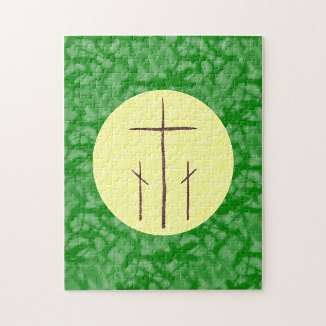 Puzzle Trois croix chrétiennes Calvaire sur vert jaune (Vertical)