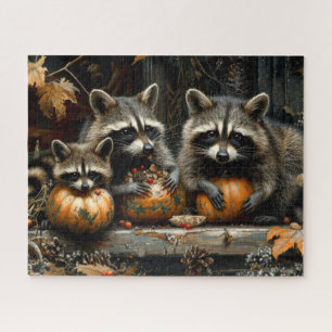 Puzzle Trois ratons laveurs et citrouilles automne 16x20