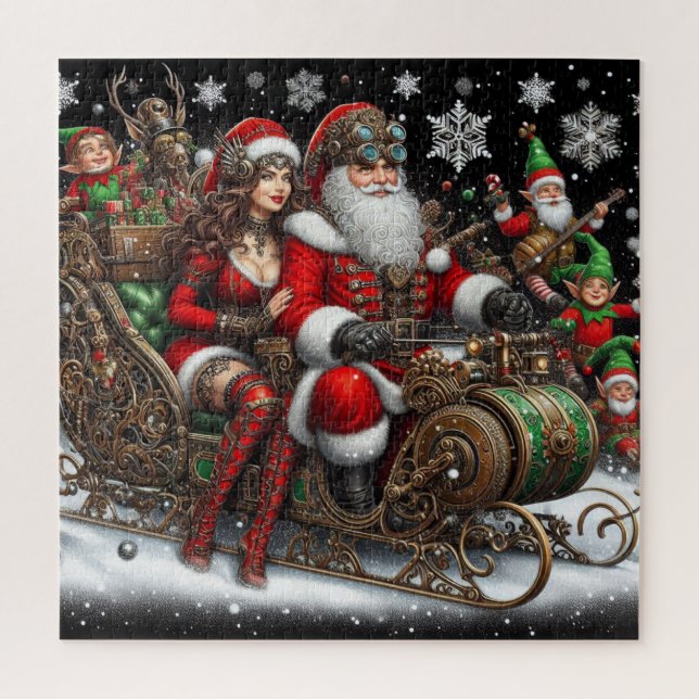 Puzzle Tuile de Steampunk ~ Père Noël Avec Femme & Elfes  (Vertical)
