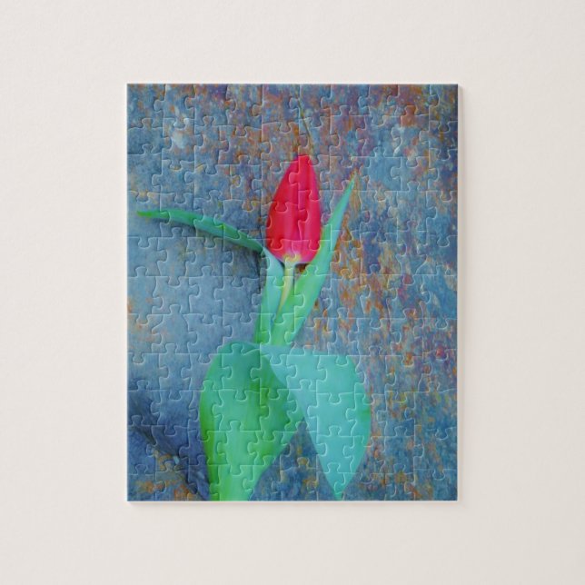 Puzzle Tulipe rouge sur ardoise gris bleu (Vertical)