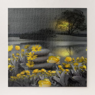 Puzzle Tulipes gris et jaunes, marguerites au coucher du
