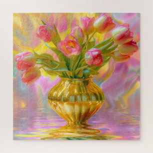 Puzzle Tulipes roses vibrantes dans le Vase d'or