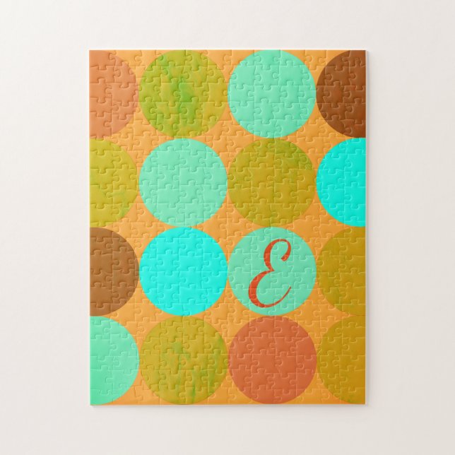 Puzzle Turquoise Bleu Vert & Cercles Orange Monogramme (Vertical)