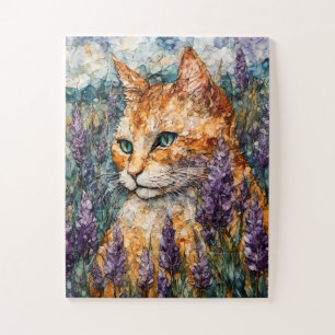 Puzzle Un beau chat gingembre dans un champ de lavande