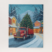 Un camion rouge transportant un sapin de Noël