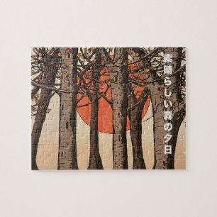 Puzzle Un coucher de soleil merveilleux en forêt