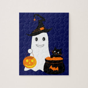 Puzzle Un joli fantôme avec un chat noir célèbre l'hallow