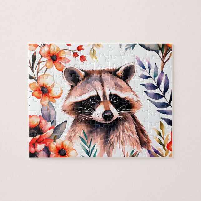 Puzzle Un joli raton laveur parmi les fleurs (Horizontal)