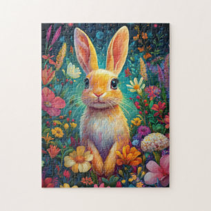 Puzzle Un lapin brillant dans un jardin animé
