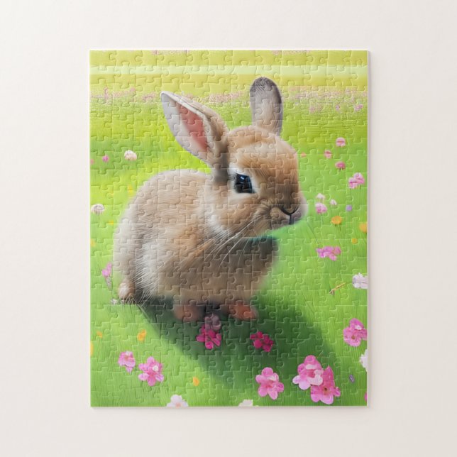 Puzzle Un mignon lapin dans une prairie fleurie (Vertical)