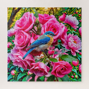 Puzzle Un oiseau bleu au-dessus des roses