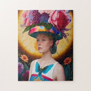 Puzzle Une dame avec un casquette solaire à fleurs