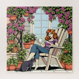 Puzzle Une femme avec café, chat et Plante