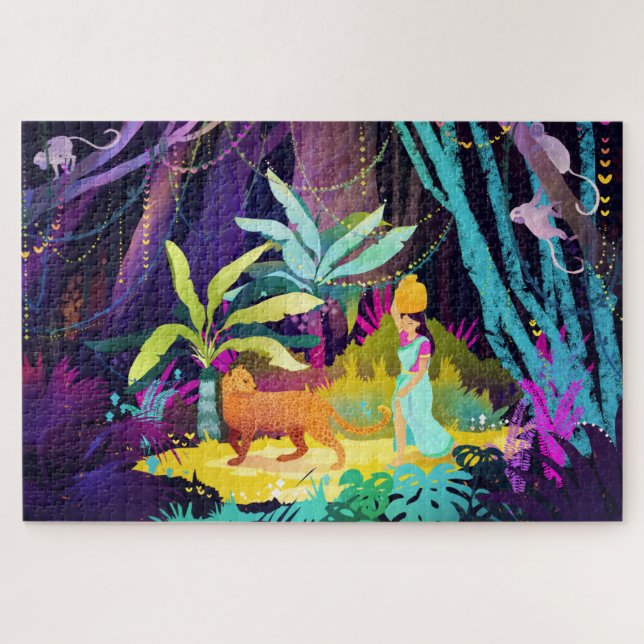 Puzzle Une fille et un léopard dans la forêt tropicale (Horizontal)