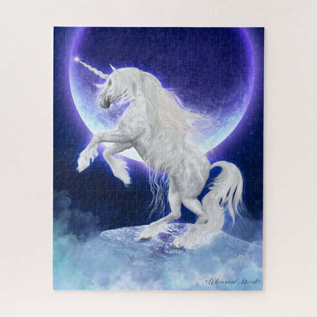 Puzzle Unicorne blanche qui s'élève vers la lune (Vertical)