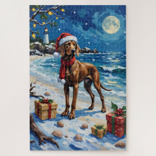 Puzzle Vacances de Noël sur la plage avec un Weimaraner