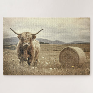 Puzzle Vache de Highland dans un champ de foin Vintage