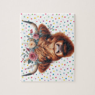 Puzzle Vache des hautes terres mignonne, florale/printani
