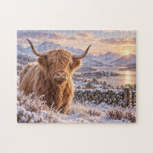 Puzzle Vache des Highlands Coucher de soleil hivernal Art