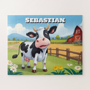 Puzzle Vache mignonne sur ferme pour enfants péronisés