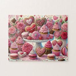 Puzzle Valentine Dessert Heart Cookies & Cupcakes Table