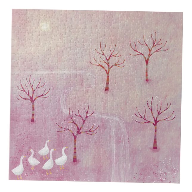 Puzzle Verger rose avec peinture paysage d'oies (Modern geese orchard landscape painting art jigsaw puzzle)