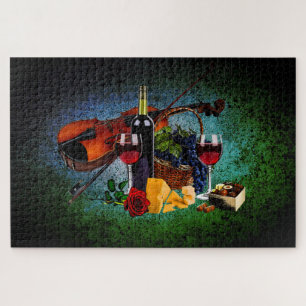 Puzzle Verres à vin, bouteille, raisin, fromage, Violon
