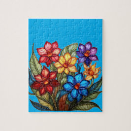 Puzzle Vibrant Stained Glass Floral Bouquet Illustration