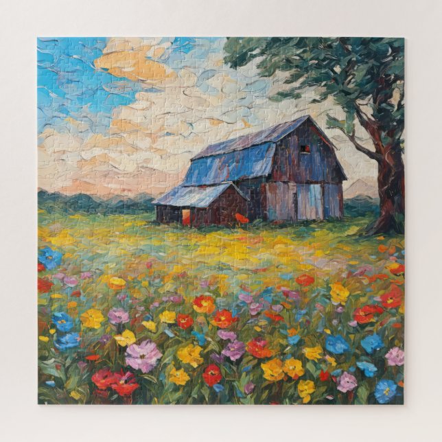 Puzzle Vieille Grange Dans Le Champ Fleur sauvage (Vertical)