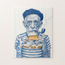 Vieux marin mangeant un sandwich