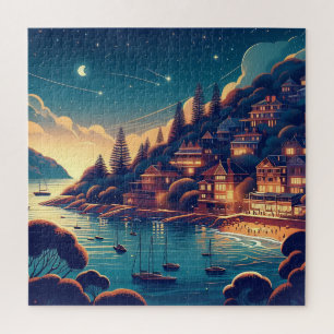 Puzzle Village côtier fantaisiste sous le ciel étoilé de