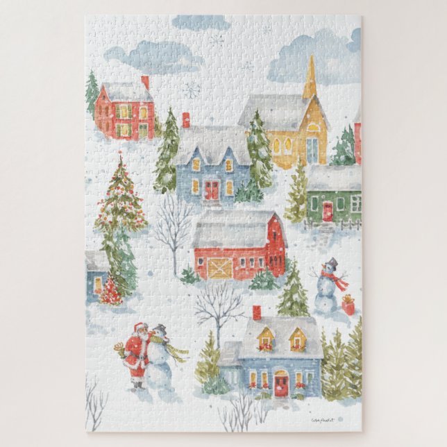 Puzzle Village de Noël Père Noël Snowmen Aquarelle (Vertical)