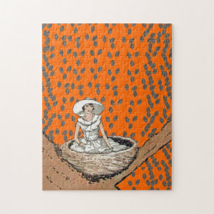 Puzzle Vintage Dame En Blanc Nid D'Oiseaux Feuilles