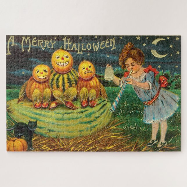 Puzzle Vintage fille d'Halloween avec Citrouilles (Horizontal)