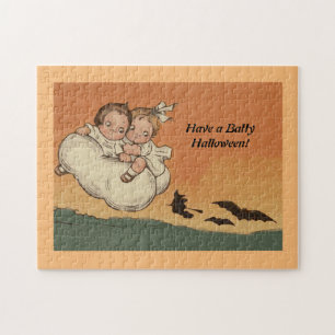 Puzzle Vintage Halloween Children Flying Bats Chasing