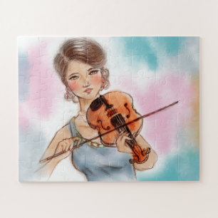 Puzzle Violon classique dame, rose et bleu Art Vintage