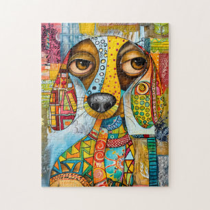 Puzzle visage de chien pop-art d'inspiration rétro avec o