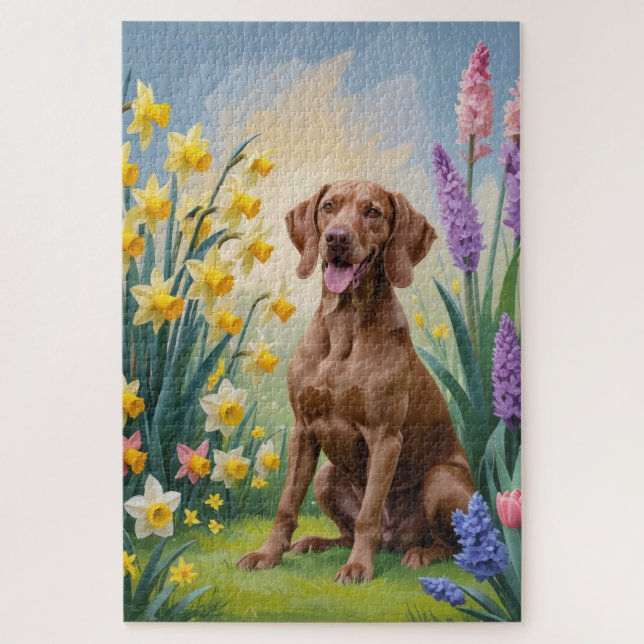 Puzzle Vizsla Chien Fleurs de printemps Peinture (Vertical)