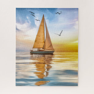 Puzzle Voilier crépusculaire et mouettes nautiques