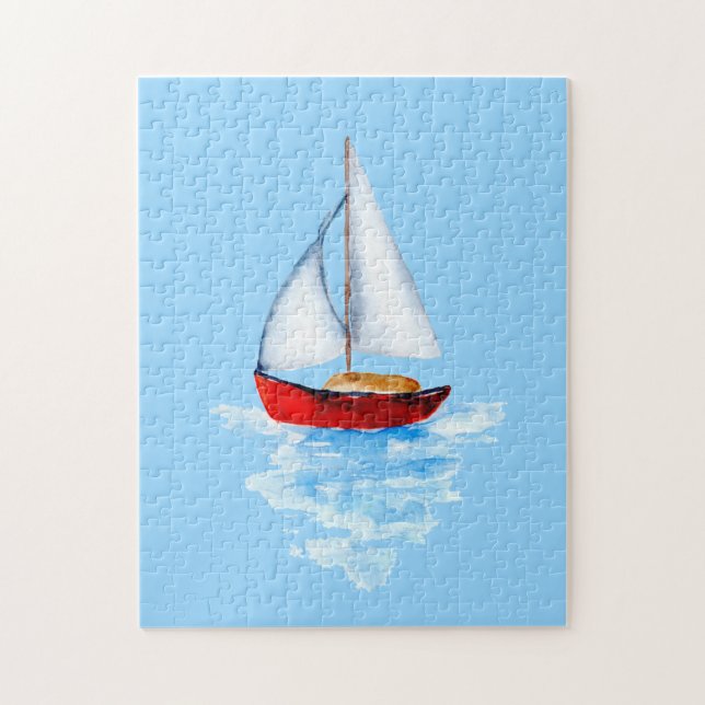 Puzzle Voilier rouge mer moderne océan aquarelle (Vertical)